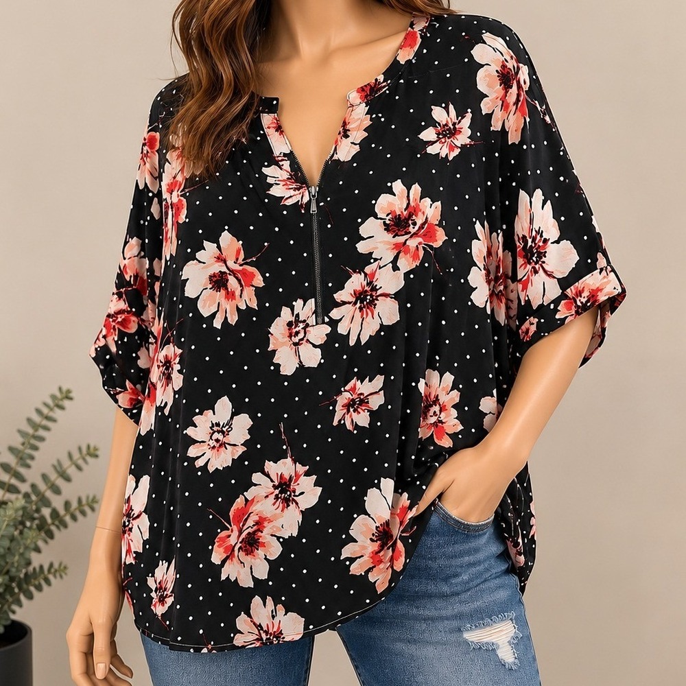 Maurices Womens Blouse Floral Polka Dot Zip V-Neck Black Red 4X